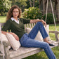 Deep Depths Melange Jacquard Sweater with Poplin Collar - Woman Wearing Short Elbow Puff Sleeve Top - Suzy Shier