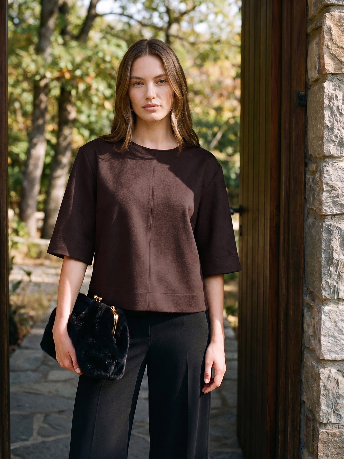Coffee Bean Faux Suede Boxy Top - Woman Wearing Crew Neck Short Sleeve Top - Suzy Shier