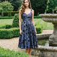 Steel Blue/Black Jacquard Floral Fit & Flare Midi Dress - Woman Wearing Sleeveless Evening Dress with Open Back - Le Chateau