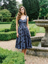 Steel Blue/Black Jacquard Floral Fit & Flare Midi Dress - Woman Wearing Sleeveless Evening Dress with Open Back - Le Chateau