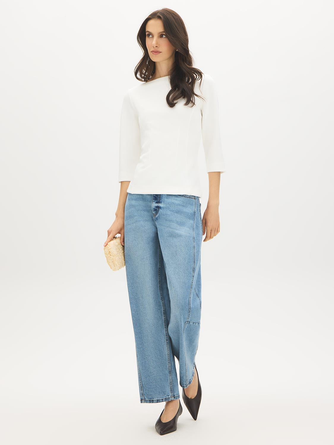 Snow White Boat Neck Fitted Cloud Fleece Top - Front View - Suzy Shier