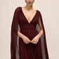 Bordeaux V-Neck Pleated Chiffon Gown - Front Detail with Cape - Le Chateau