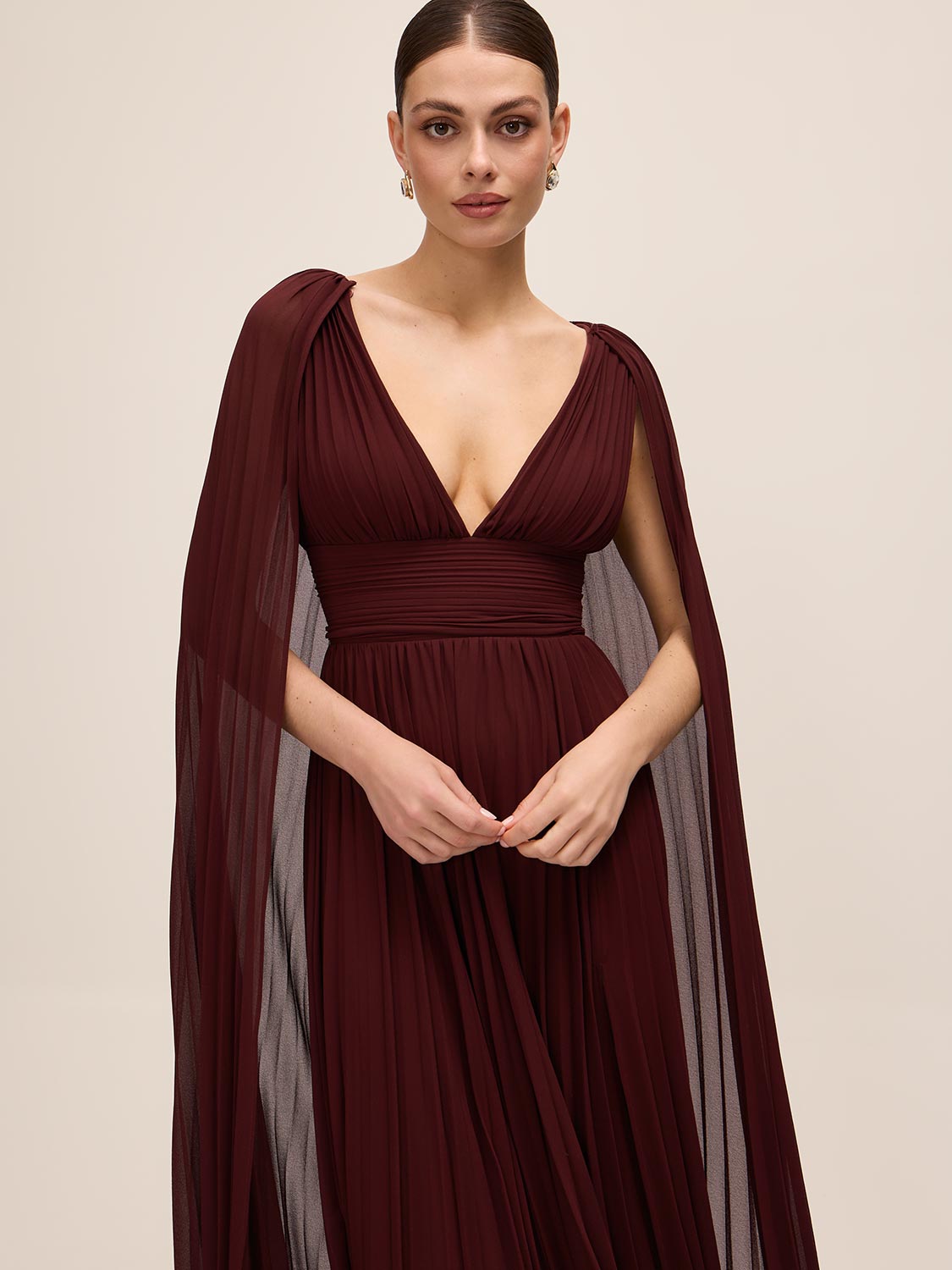 Bordeaux V-Neck Pleated Chiffon Gown - Front Detail with Cape - Le Chateau