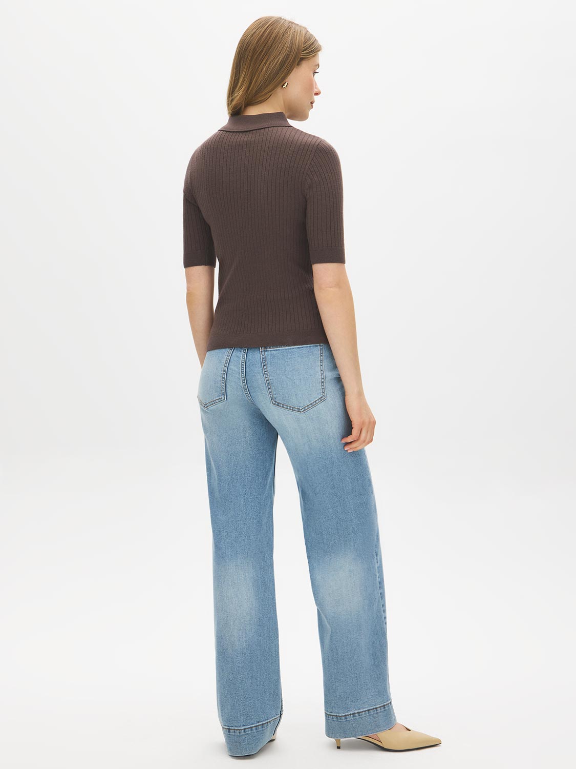 Mocka Mix Ribbed Polo Collar Knit Sweater - Back View - Suzy Shier