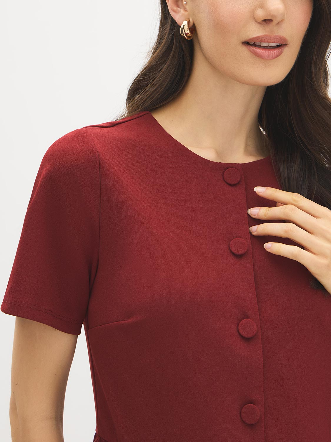 Syrah Button Front Peplum Crepe Top - Button Detail - Suzy Shier