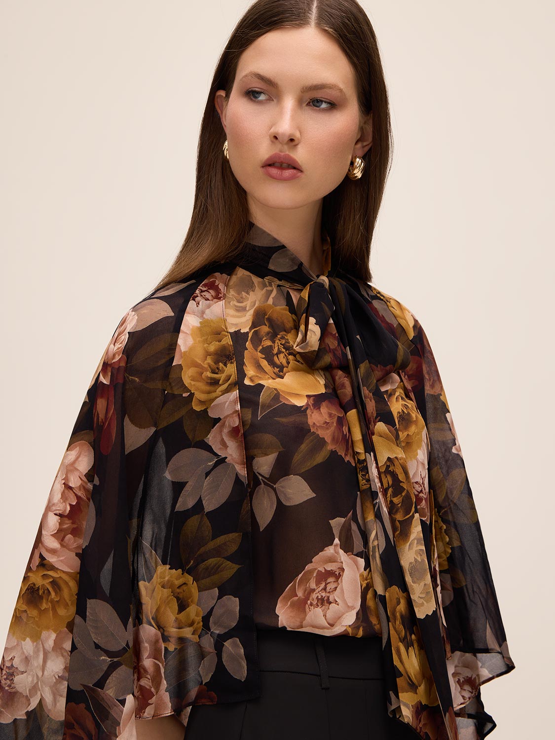 Dijon Print Floral Tie Neck Cape Top - Close-up Fabric Detail - Le Chateau