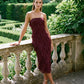Bordeaux Strapless Mesh Midi Dress with Asymmetrical Ruffles - Woman Wearing Evening Dress with Side Slit - Le Chateau