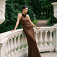 Mocha Cowl Neck Gown with Side Pleat - Woman Wearing Floor-Length Evening Dress - Le Chateau