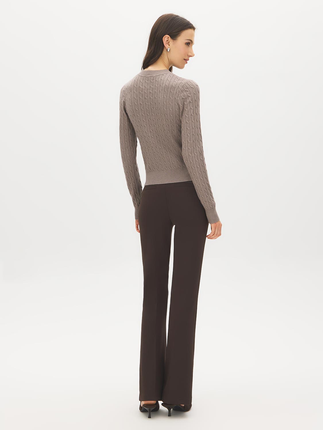 Brown Melange Cable Knit Crew Neck Sweater - Back View - Suzy Shier