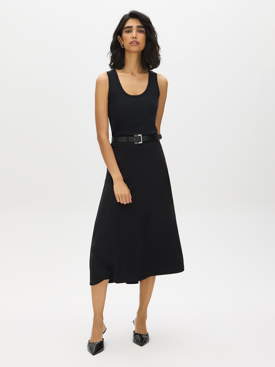 Black Faux leather  Belted Panelled Knit Skirt - Woman Wearing Paneled Knit Skirt - Suzy Shier