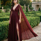 Bordeaux V-Neck Pleated Chiffon Gown - Woman Wearing Evening Dress with Detachable Cape - Le Chateau