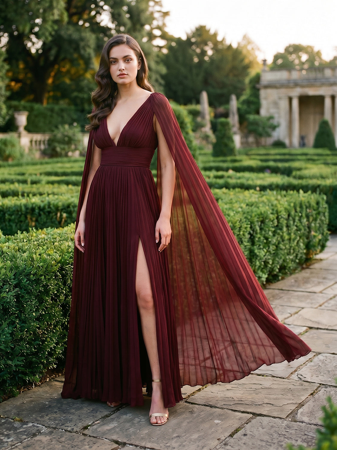 Bordeaux V-Neck Pleated Chiffon Gown - Woman Wearing Evening Dress with Detachable Cape - Le Chateau