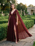 Bordeaux V-Neck Pleated Chiffon Gown - Woman Wearing Evening Dress with Detachable Cape - Le Chateau