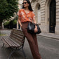 Autumn Leaf Printed V-Neck Blouse with Dolman Sleeves - Back View - Suzy Shier
