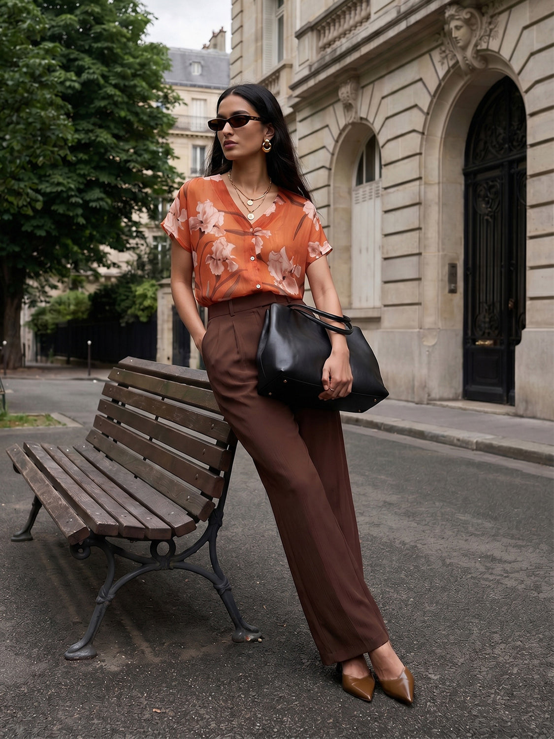 Autumn Leaf Printed V-Neck Blouse with Dolman Sleeves - Back View - Suzy Shier