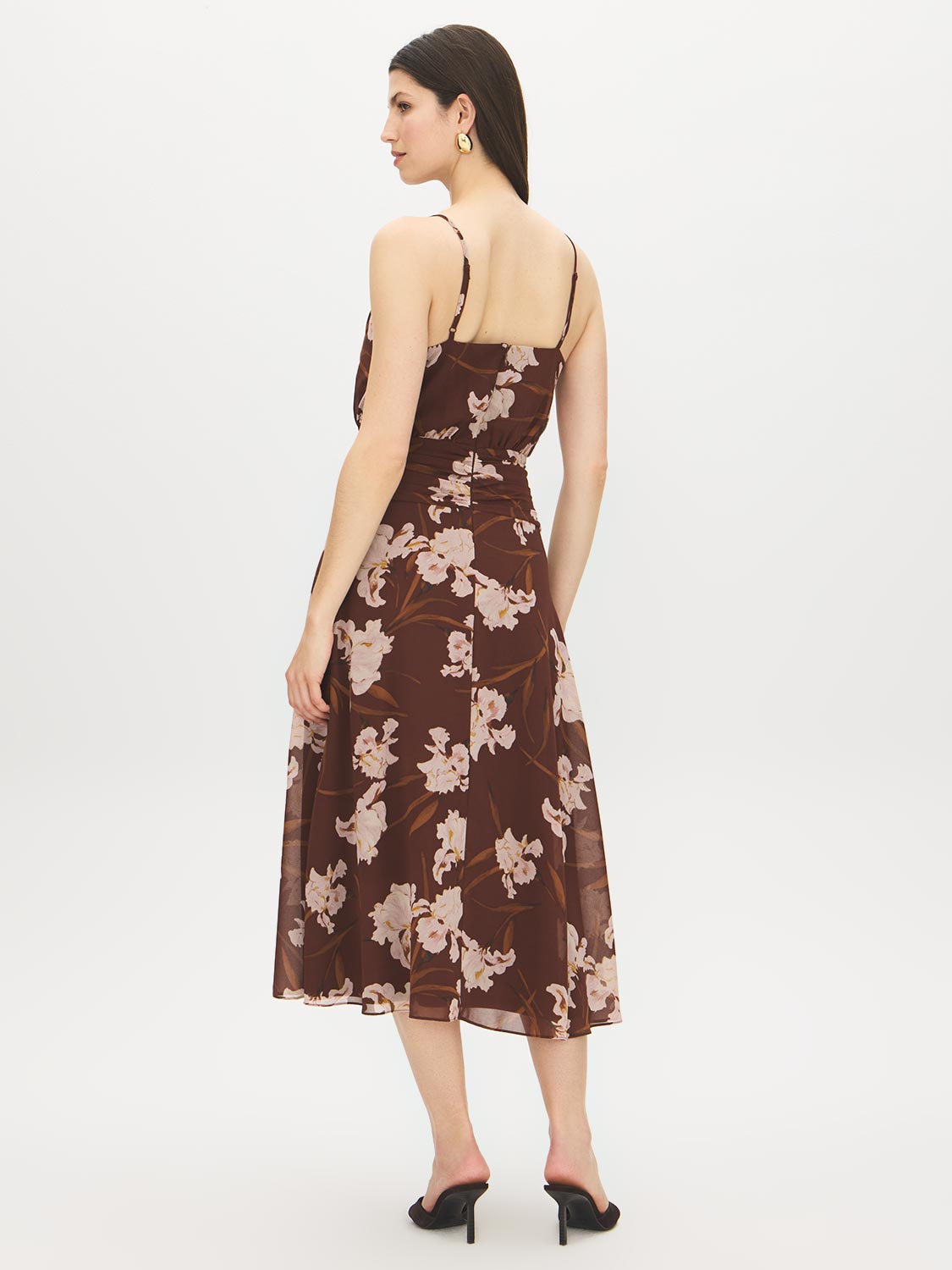 Milk Chocolate Floral Chiffon Midi Dress with Cummerbund Waist - Back View - Suzy Shier