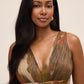 Gold/Rust Metallic Crinkle Knit V-Neck Gown - Woman Wearing Evening Dress with Front Slit - Le Chateau