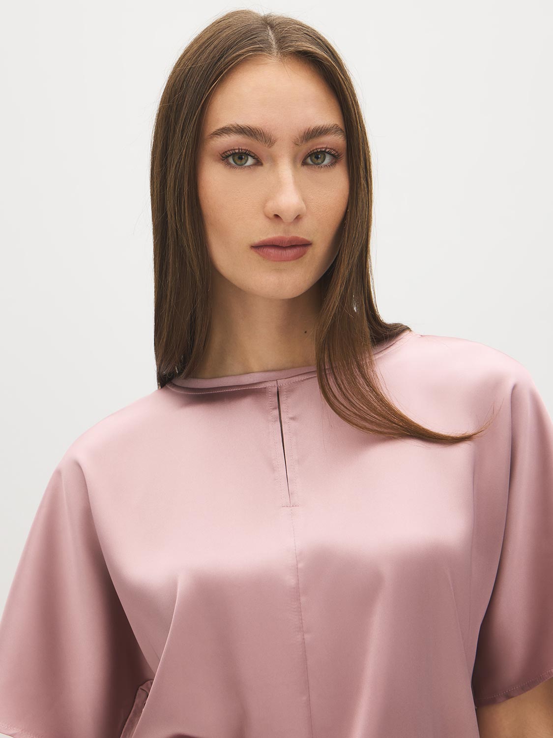 Zephyr Dolman Sleeve Satin Front Top with Keyhole - Close-up Fabric Detail - Suzy Shier