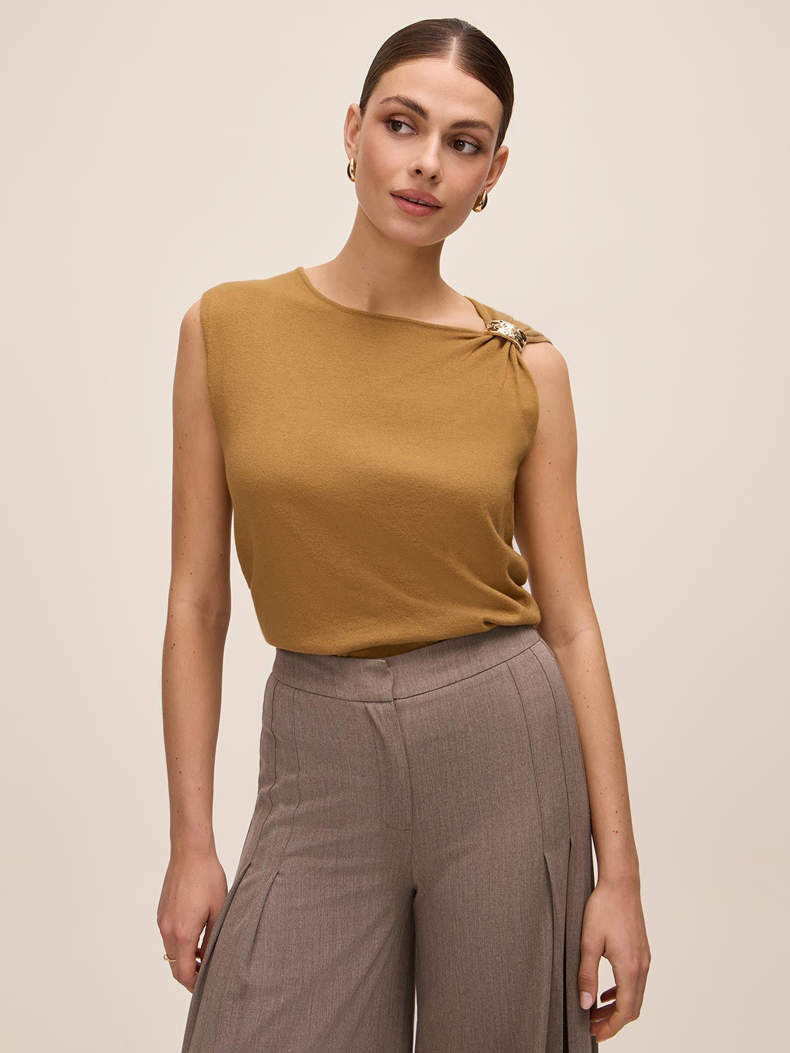 Dijon Sleeveless Sweater with Gold Trim - Elegant Knit Top - Le Chateau