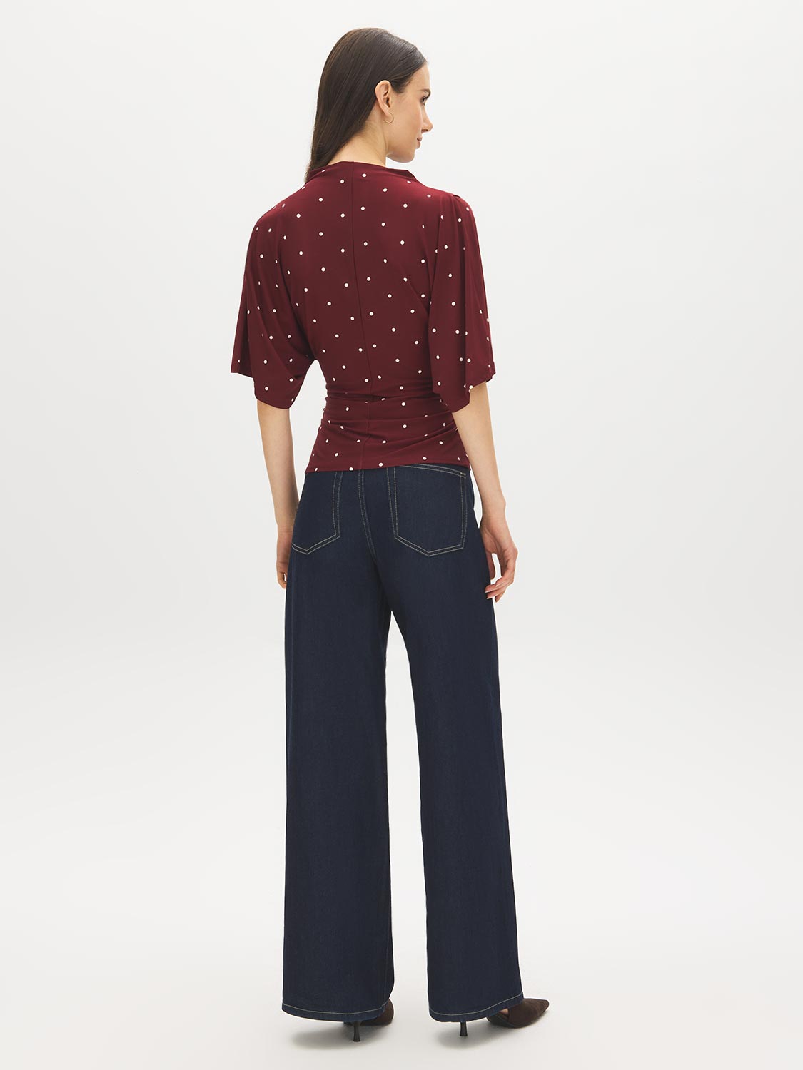Zinfandel Polka Dot Funnel Neck Top with Kimono Sleeves - Back View - Suzy Shier