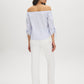 Yarn Dye Stripe Off-the-Shoulder Blouse - Woman Wearing Tie-Detail Sleeve Top - Suzy Shier