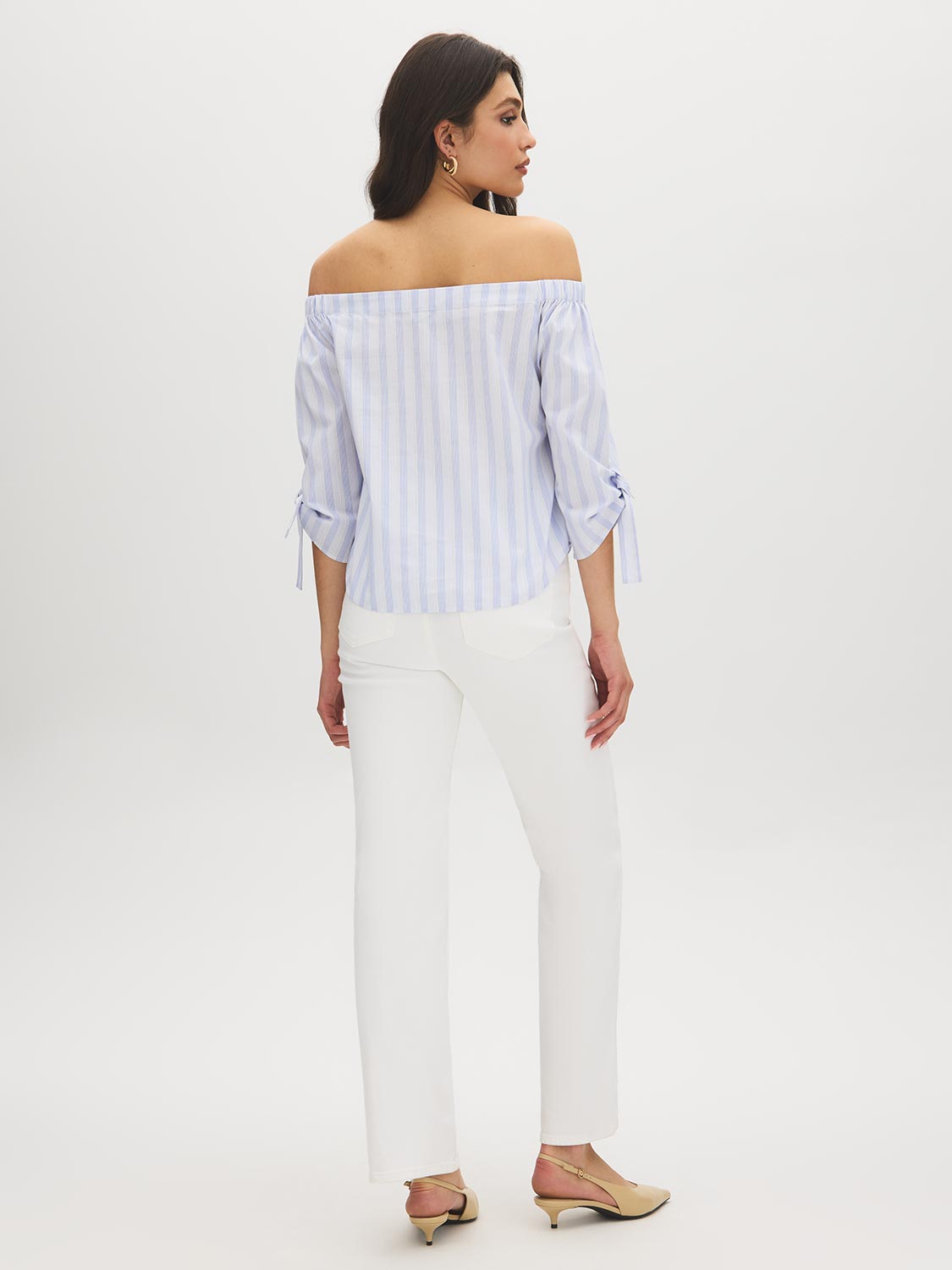Yarn Dye Stripe Off-the-Shoulder Blouse - Woman Wearing Tie-Detail Sleeve Top - Suzy Shier