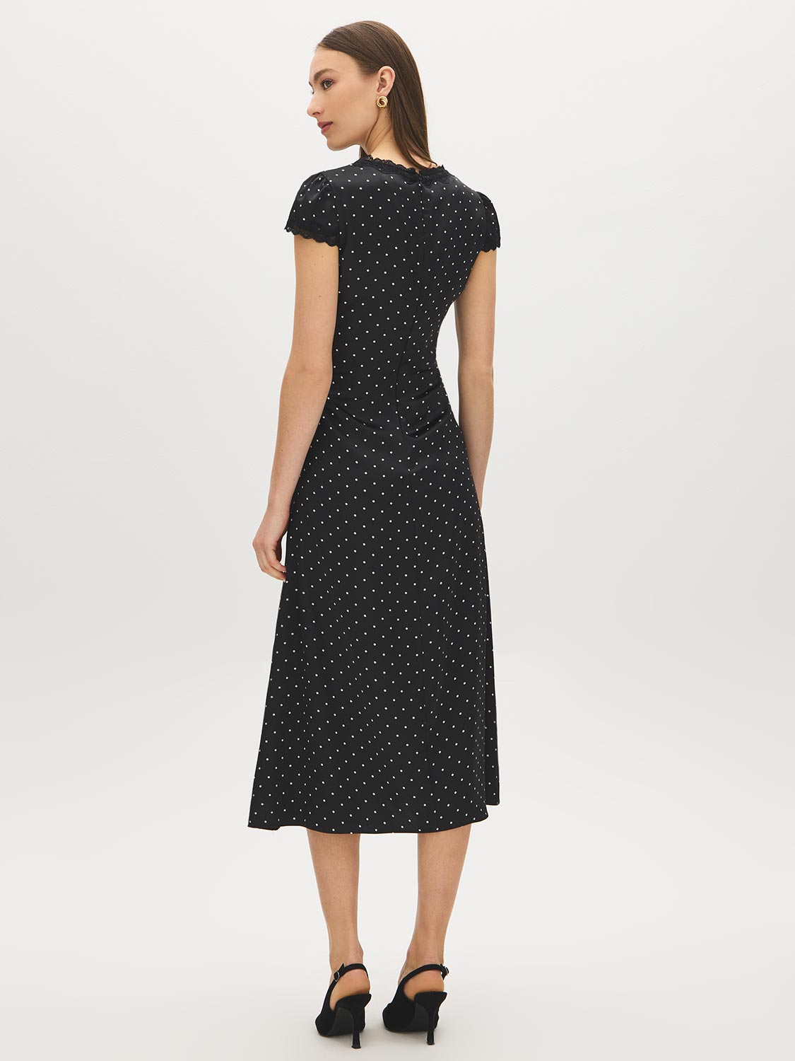 Black/White Dot Satin Midi Dress with Lace Trim - Back View - Suzy Shier
