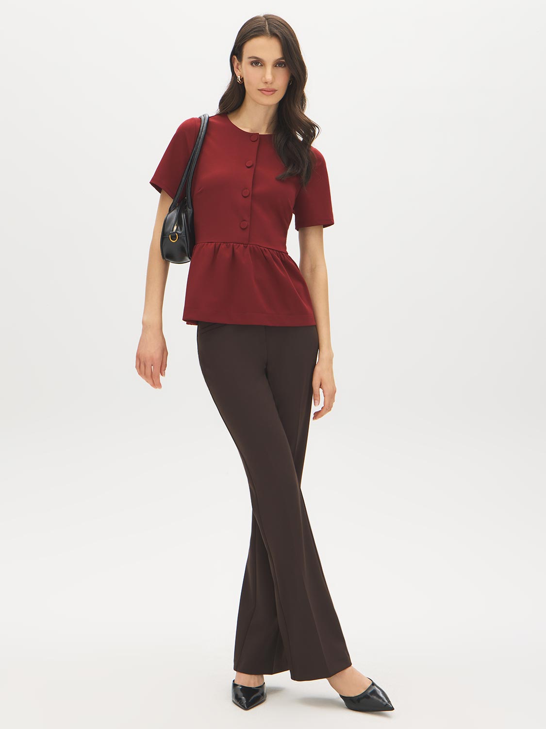 Syrah Button Front Peplum Crepe Top - Front View - Suzy Shier