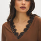 Bison V-Neck Top with Chiffon Sleeves and Lace Trim - Lace Detail - Suzy Shier