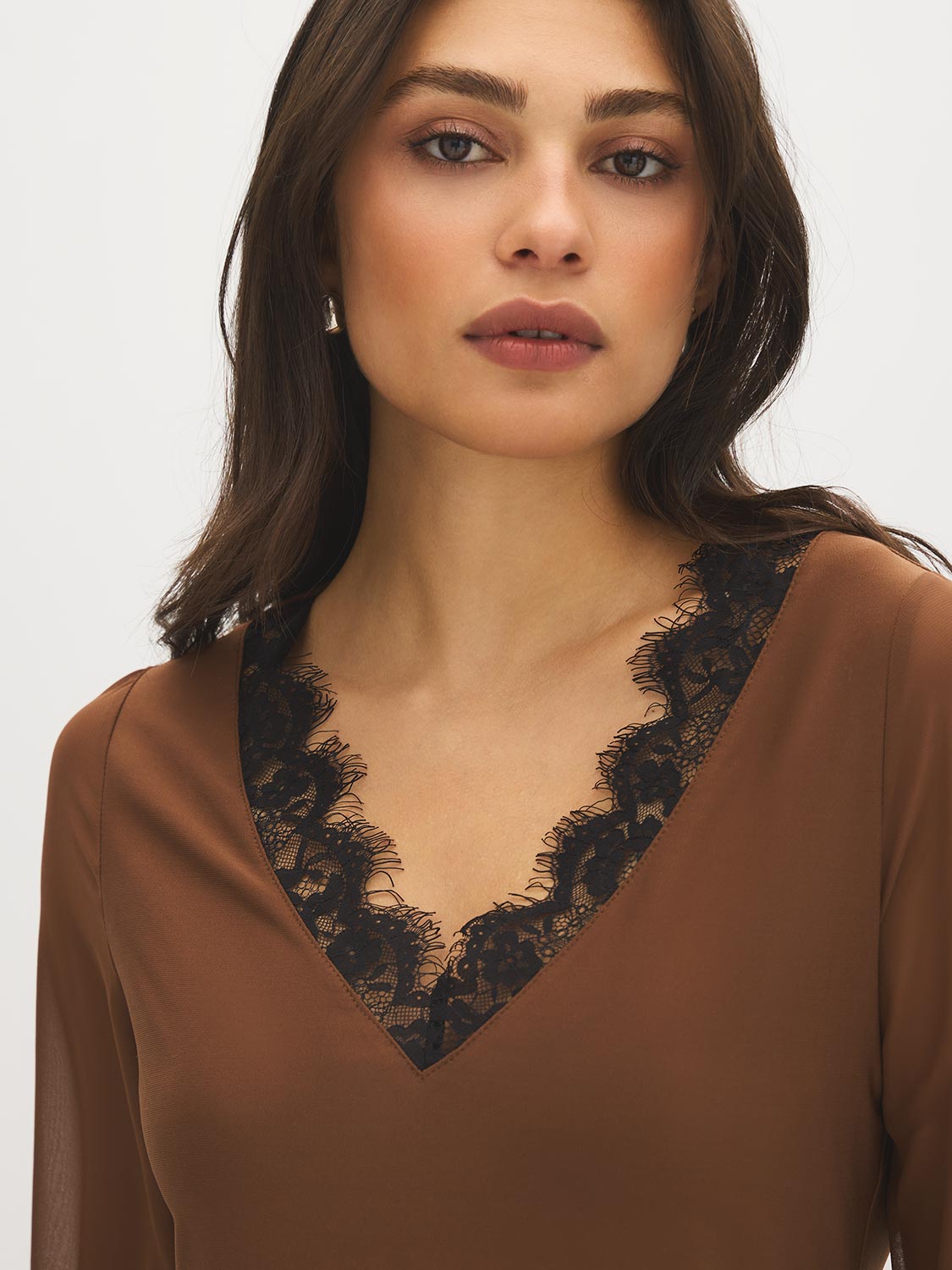 Bison V-Neck Top with Chiffon Sleeves and Lace Trim - Lace Detail - Suzy Shier