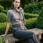 Grey Mix Tie Neck Short Sleeve Knit Sweater - Woman Wearing Cozy Knit Top - Le Chateau