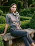 Grey Mix Tie Neck Short Sleeve Knit Sweater - Woman Wearing Cozy Knit Top - Le Chateau