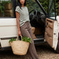Snow White and Green Striped Dolman Sleeve Knit Top - Woman Wearing Casual Stripe Top - Suzy Shier