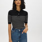 Black/Pearl Striped Ribbed Polo Sweater - Woman Wearing Buttoned Polo Knit Top - Suzy Shier