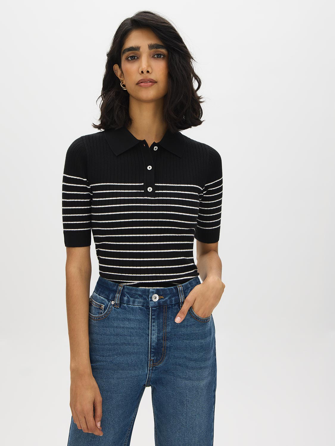 Black/Pearl Striped Ribbed Polo Sweater - Woman Wearing Buttoned Polo Knit Top - Suzy Shier