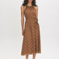 Woodsmoke Polka Dot Halter Midi Dress - Woman Wearing Fit-and-Flare Chiffon Dress - Suzy Shier