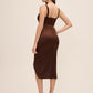 Chocolate Square Neck Knit Satin Wrap Dress - Woman Wearing Elegant Evening Dress - Le Chateau