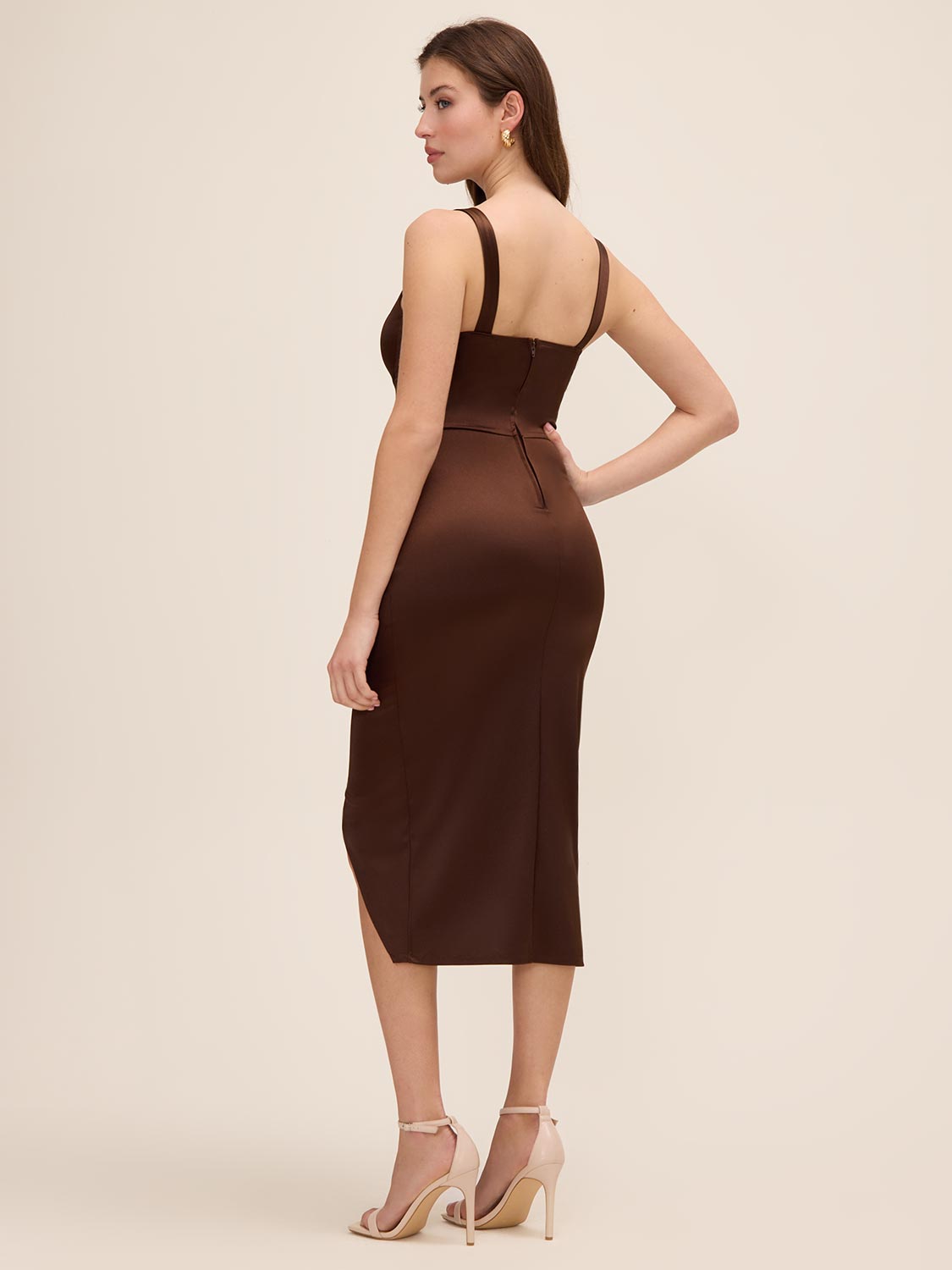 Chocolate Square Neck Knit Satin Wrap Dress - Woman Wearing Elegant Evening Dress - Le Chateau