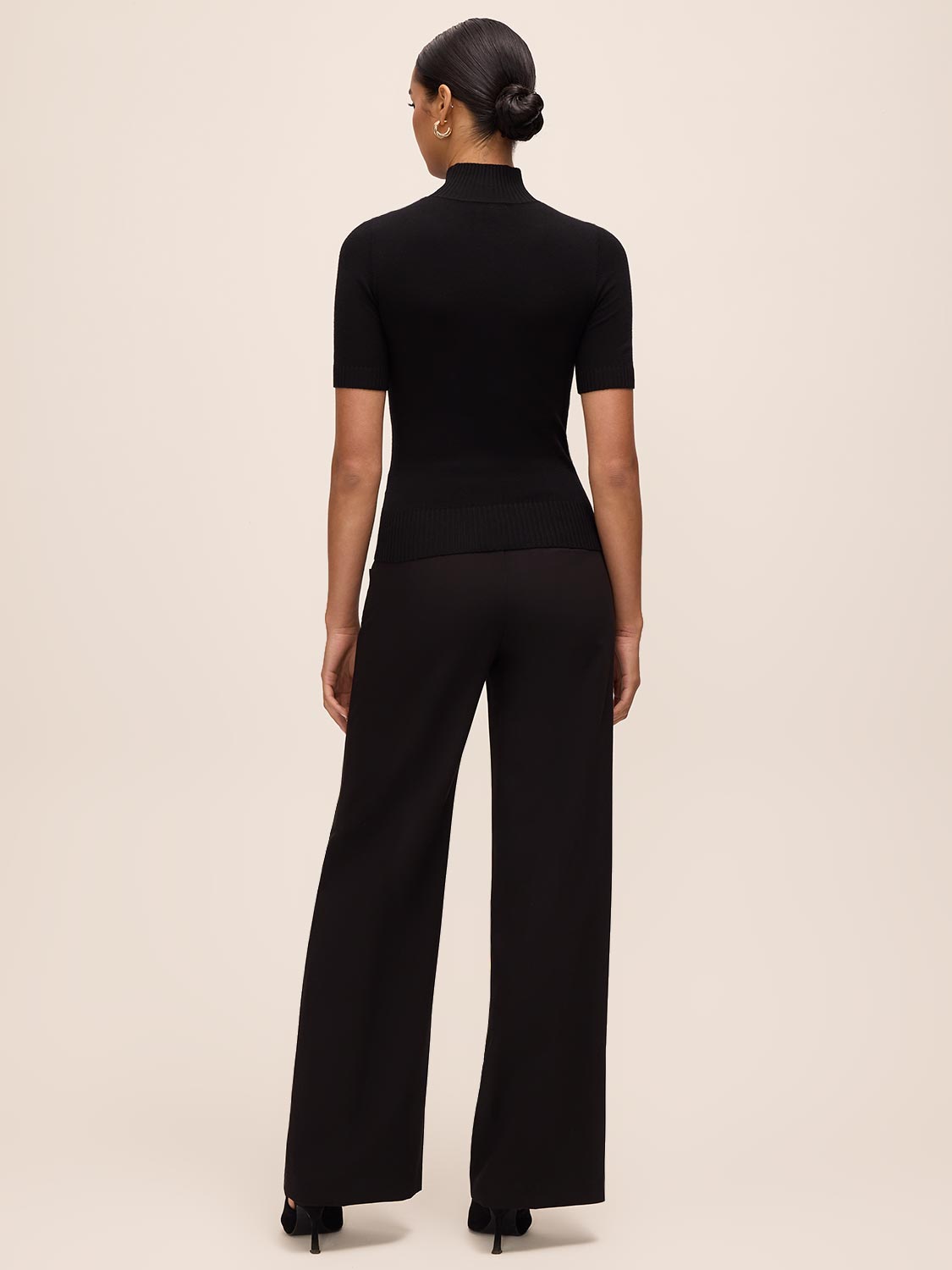 Black Short Sleeve Sweater with Lace Appliqué - Back View - Le Chateau