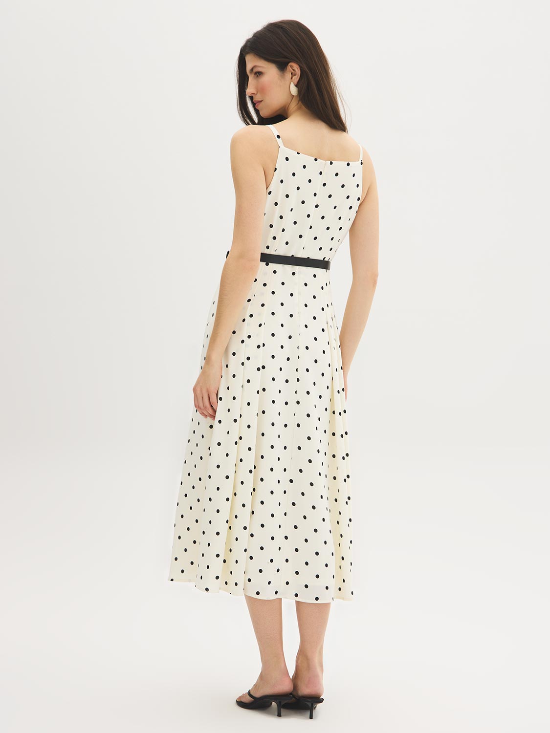 Snow White Polka Dot Flowy Midi Dress - Woman Wearing Spaghetti Strap Dress with Belt - Suzy Shier