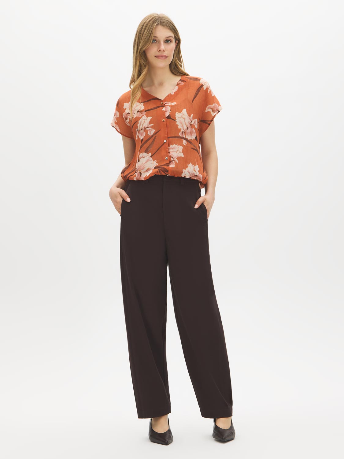 Autumn Leaf Printed V-Neck Blouse with Dolman Sleeves - Front View - Suzy Shier