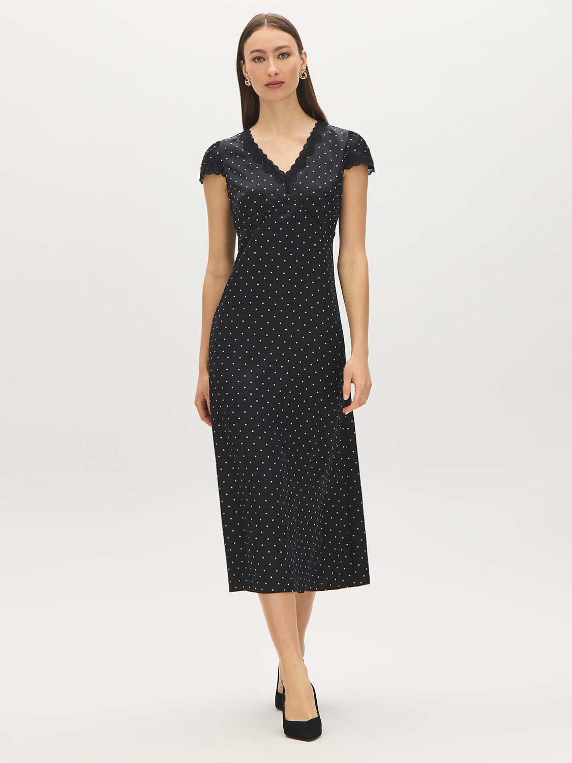 Black/White Dot Satin Midi Dress with Lace Trim - Full Length Front View - Suzy Shier