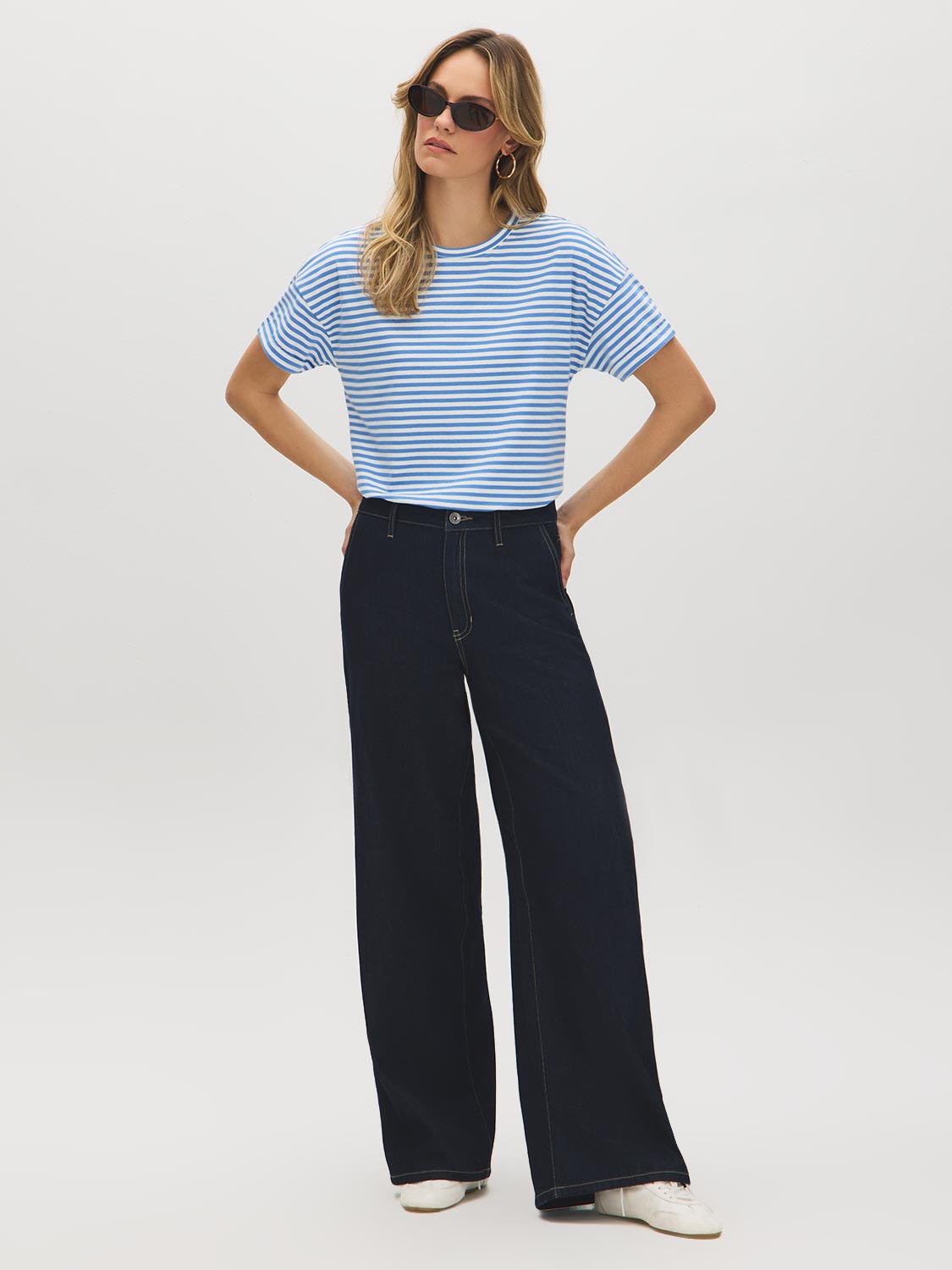 Blue Yonder Stripe Striped Cotton Crew Neck Tee - Woman Wearing Loose Fit Striped Tee - Suzy Shier