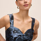 Steel Blue/Black Jacquard Floral Fit & Flare Midi Dress - Close-up Fabric Detail - Le Chateau