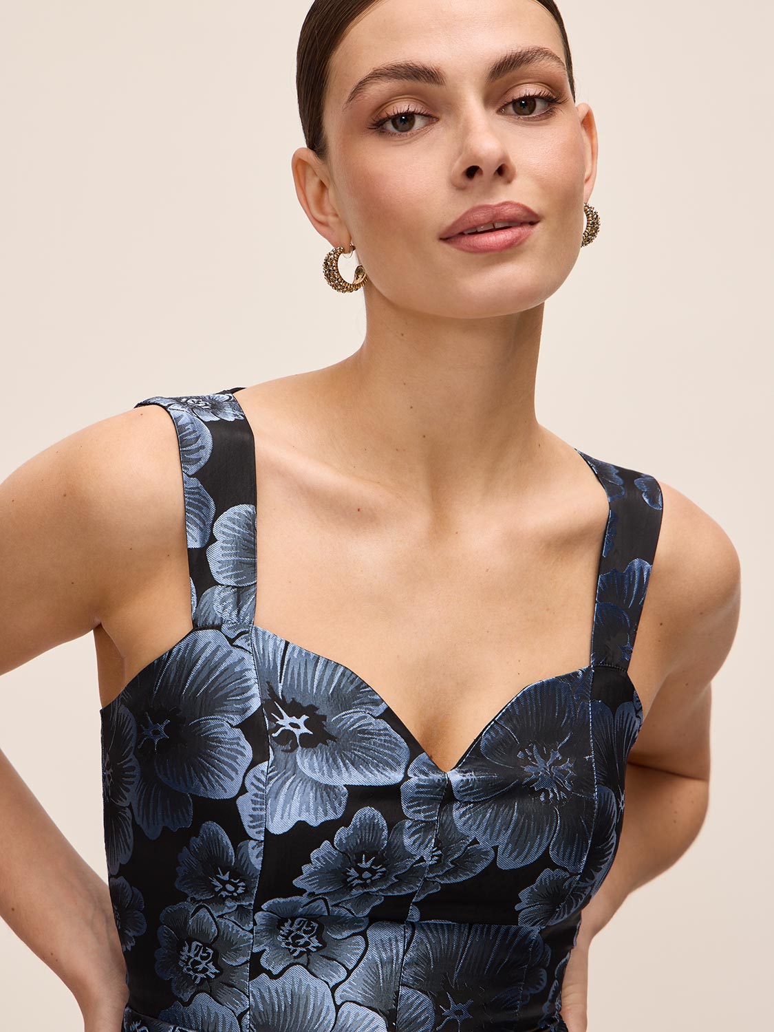 Steel Blue/Black Jacquard Floral Fit & Flare Midi Dress - Close-up Fabric Detail - Le Chateau