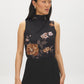 Jet Black Floral Print Mesh Funnel Neck Top - Woman Wearing Sleeveless Ruched Top - Suzy Shier