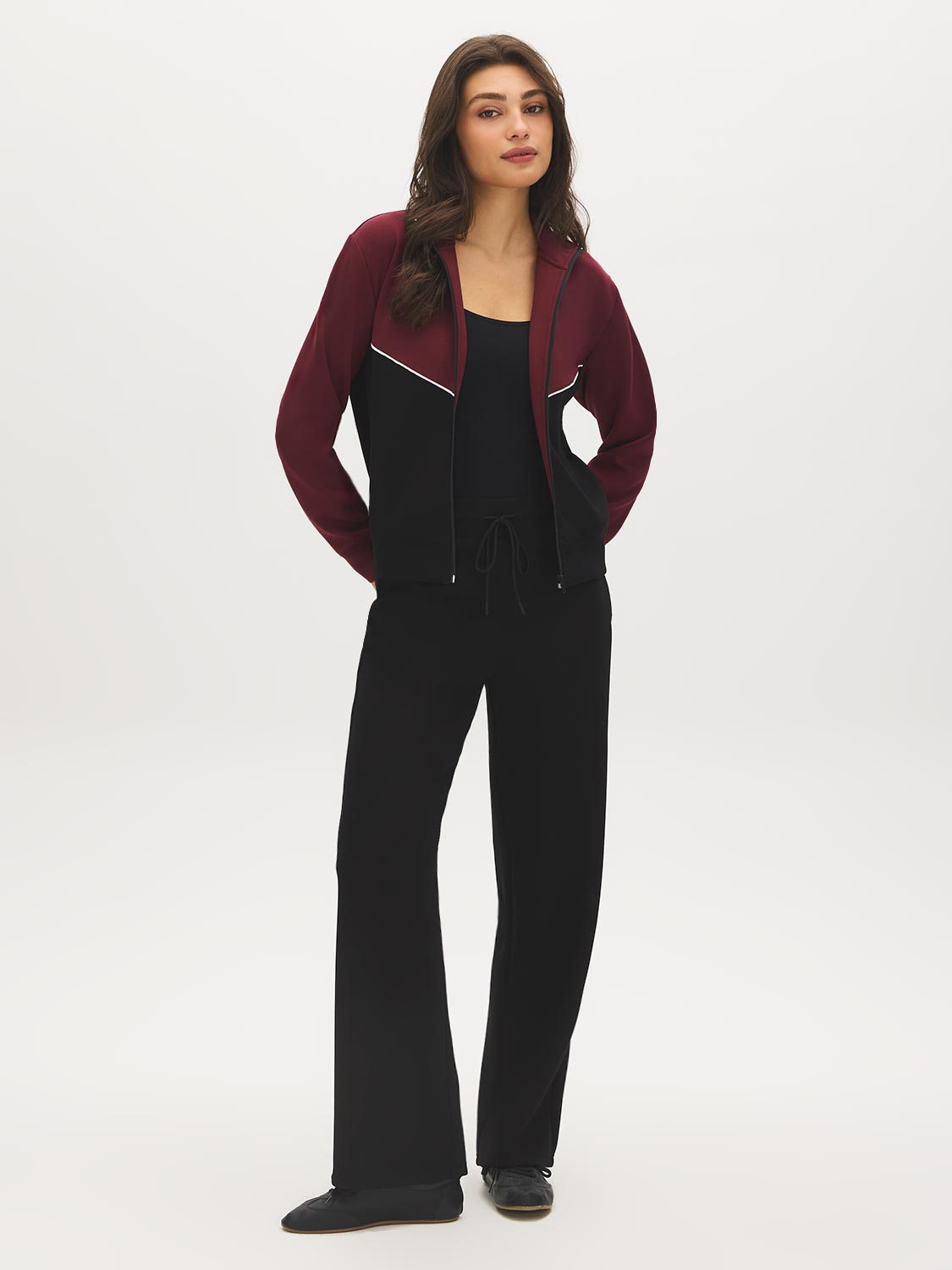 Zinfandel and Jet Black Color Block Fleece Jacket - Front View - Suzy Shier