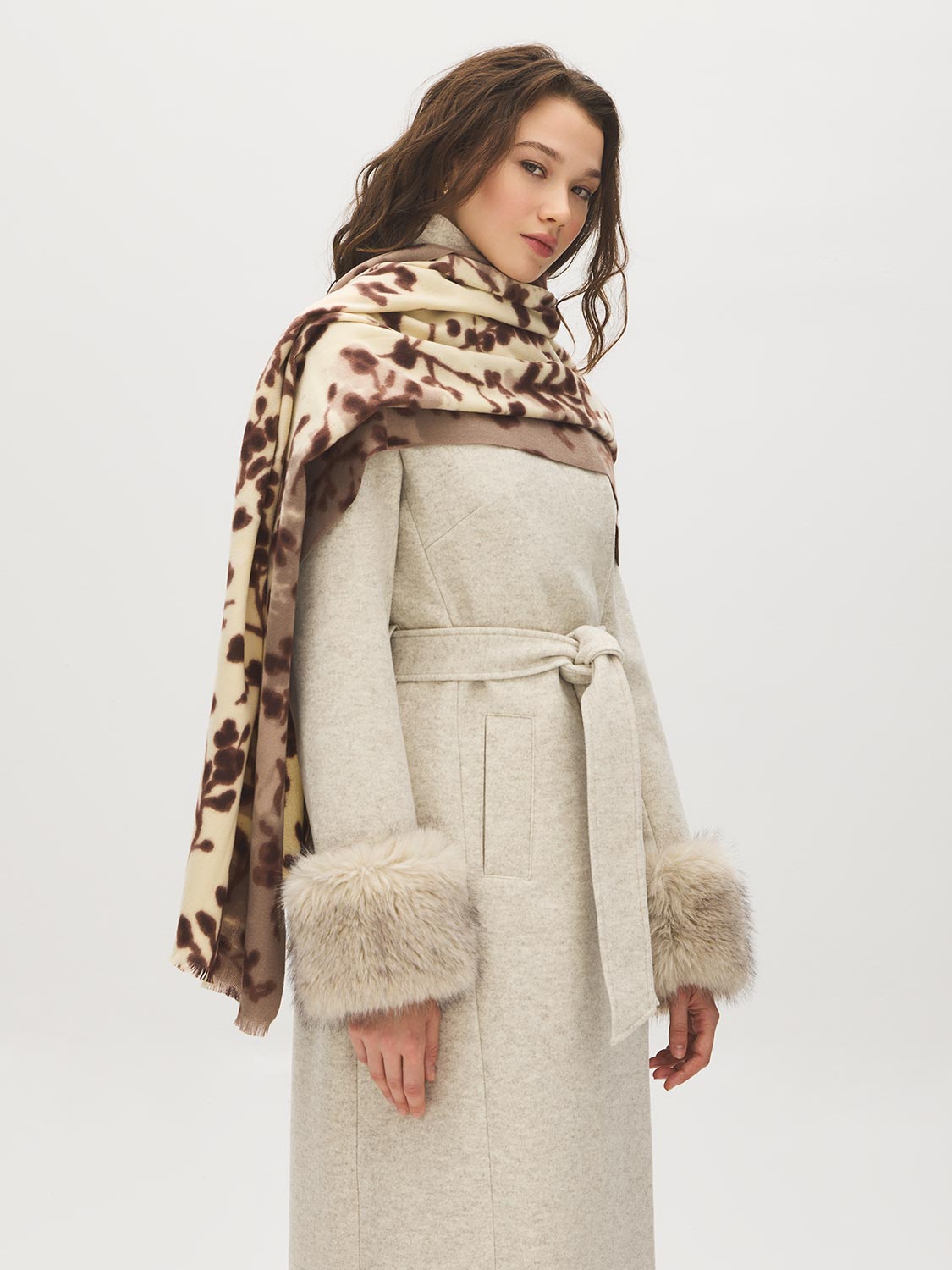 Brown/Beige Soft Brushed Printed Scarf - Draped Over Shoulder View - Suzy Shier