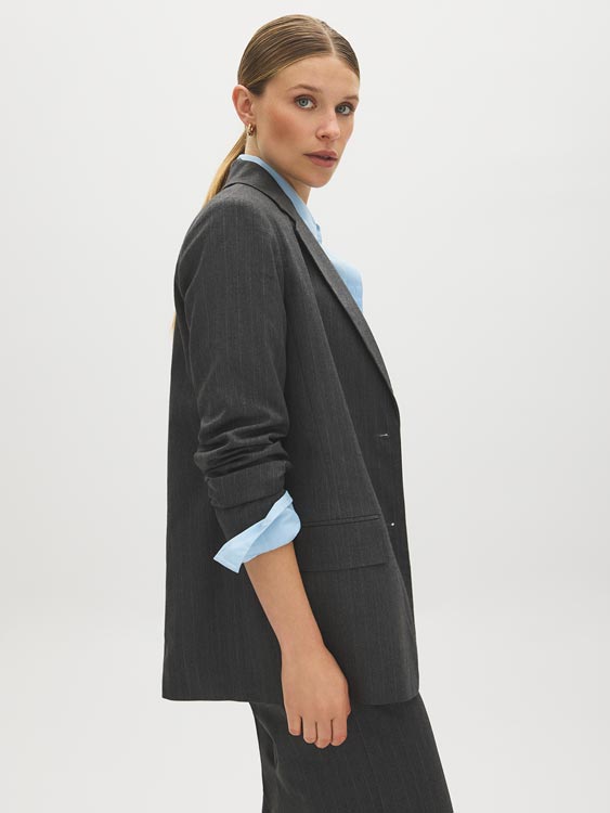 Charcoal/White Pinstripe Two-Button Blazer - Side Profile View - Suzy Shier