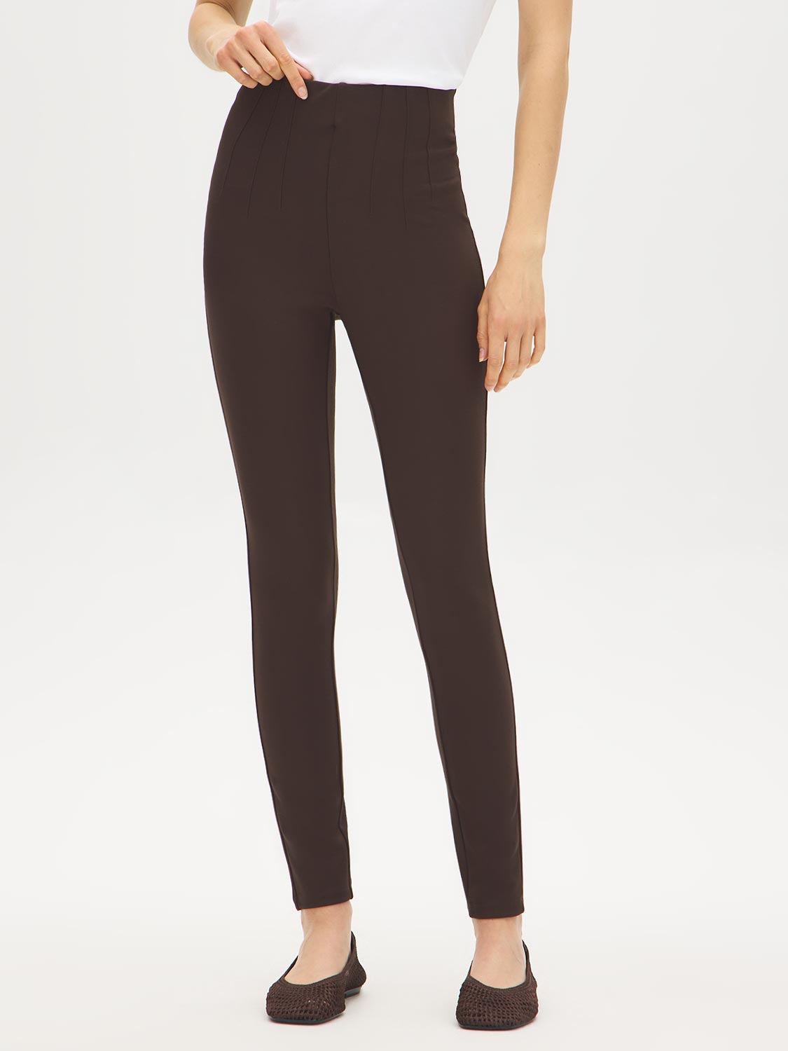Coffee Bean Corset Waist Skinny Knit Pants - Front View - Suzy Shier
